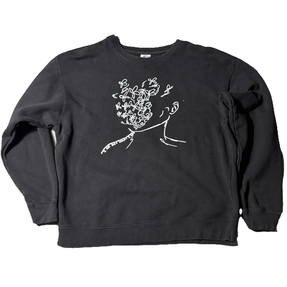 Black Graphic Crewneck Sweatshirt XL Minimal Art Face Floral Delta Fleece